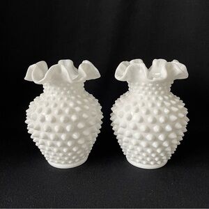 Set of 2 - Double Crimped Vases - Fenton Hobnail Milk Glass - Vintage